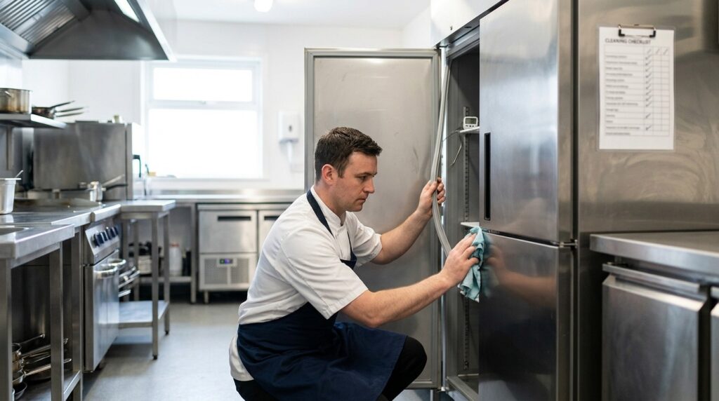 What basic daily or weekly checks should staff do on a commercial fridge?