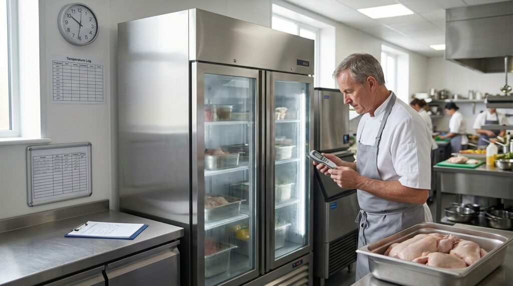 What is the correct operating temperature for a commercial fridge?