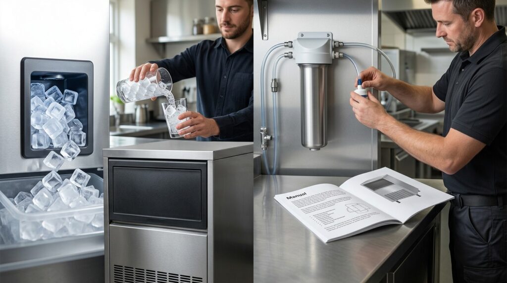 How does water filtration affect ice quality and machine longevity?
