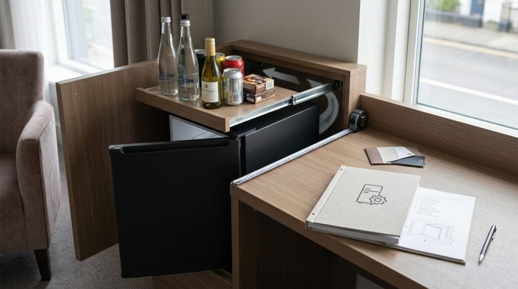 What should be the ideal size for a hotel room mini bar fridge?