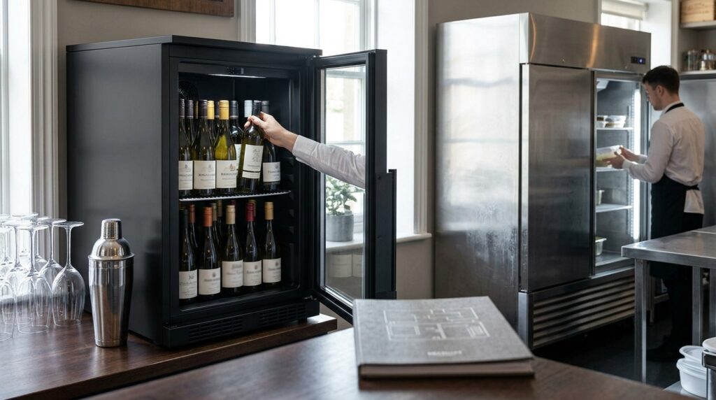 How do I choose between a Unifrost undercounter Bottle Cooler and a larger upright fridge for my wine-by-the-glass programme?