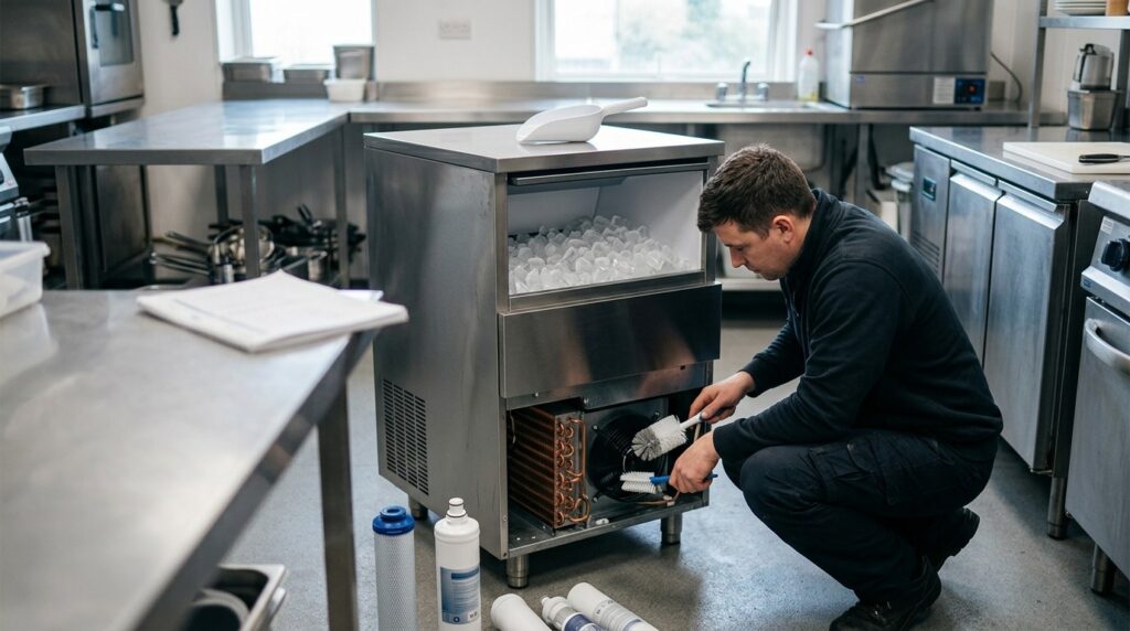 What maintenance schedule should I follow for an ice machine?