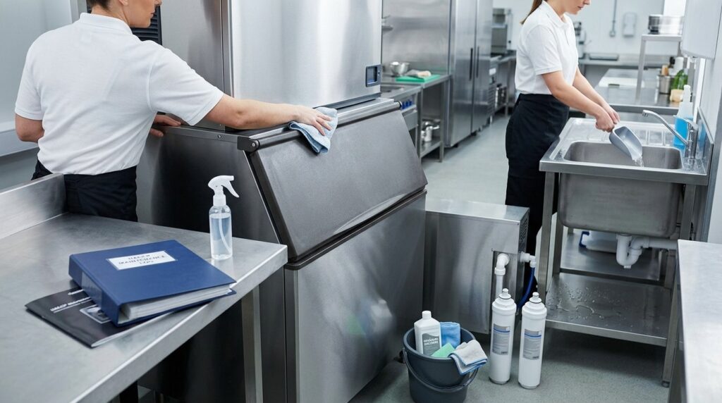 How often should I clean and sanitise my ice machine and storage bin?