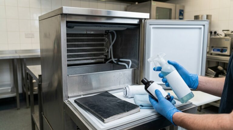 What chemicals or cleaners are safe to use in an ice machine?