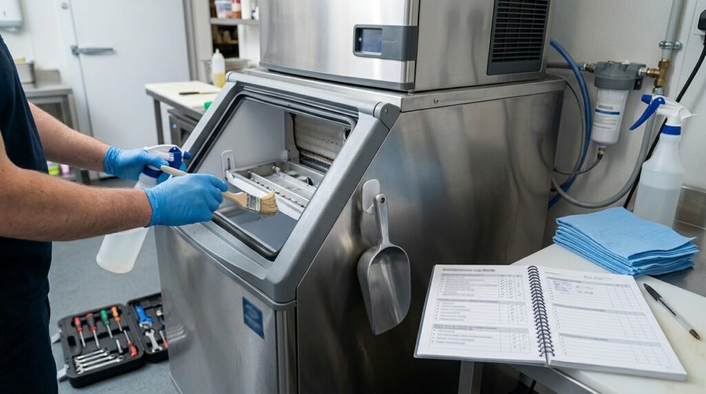 What maintenance schedule should I follow for a commercial ice machine?