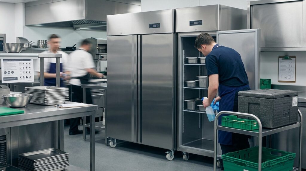 How can I clean a fridge/freezer without disrupting operations?