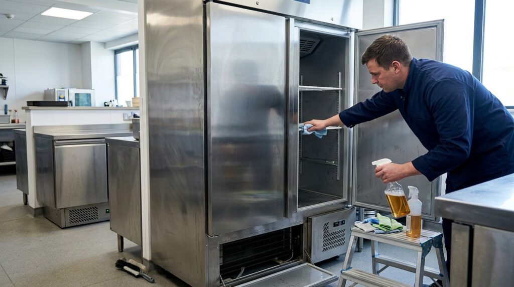 How often should commercial fridges and freezers be cleaned?