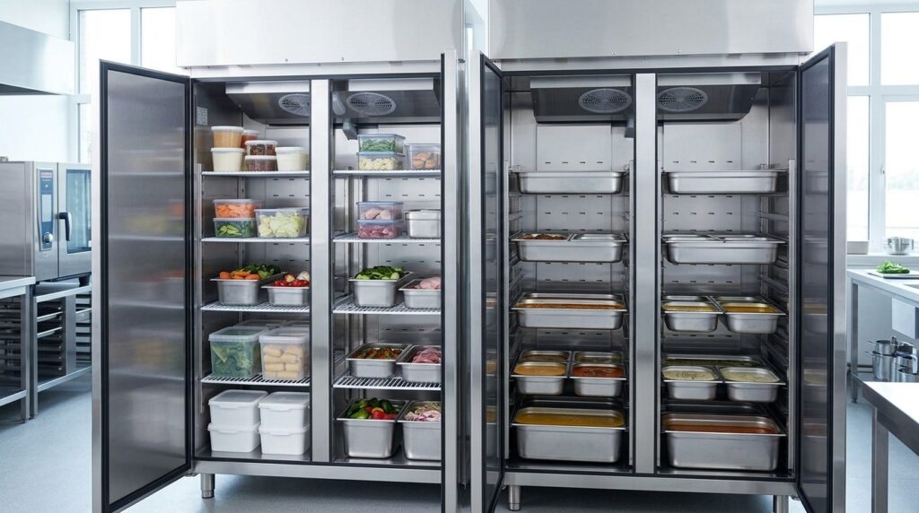 Unifrost Upright Fridge Freezer: Wire Shelves vs GN Pans Storage Layout Comparison